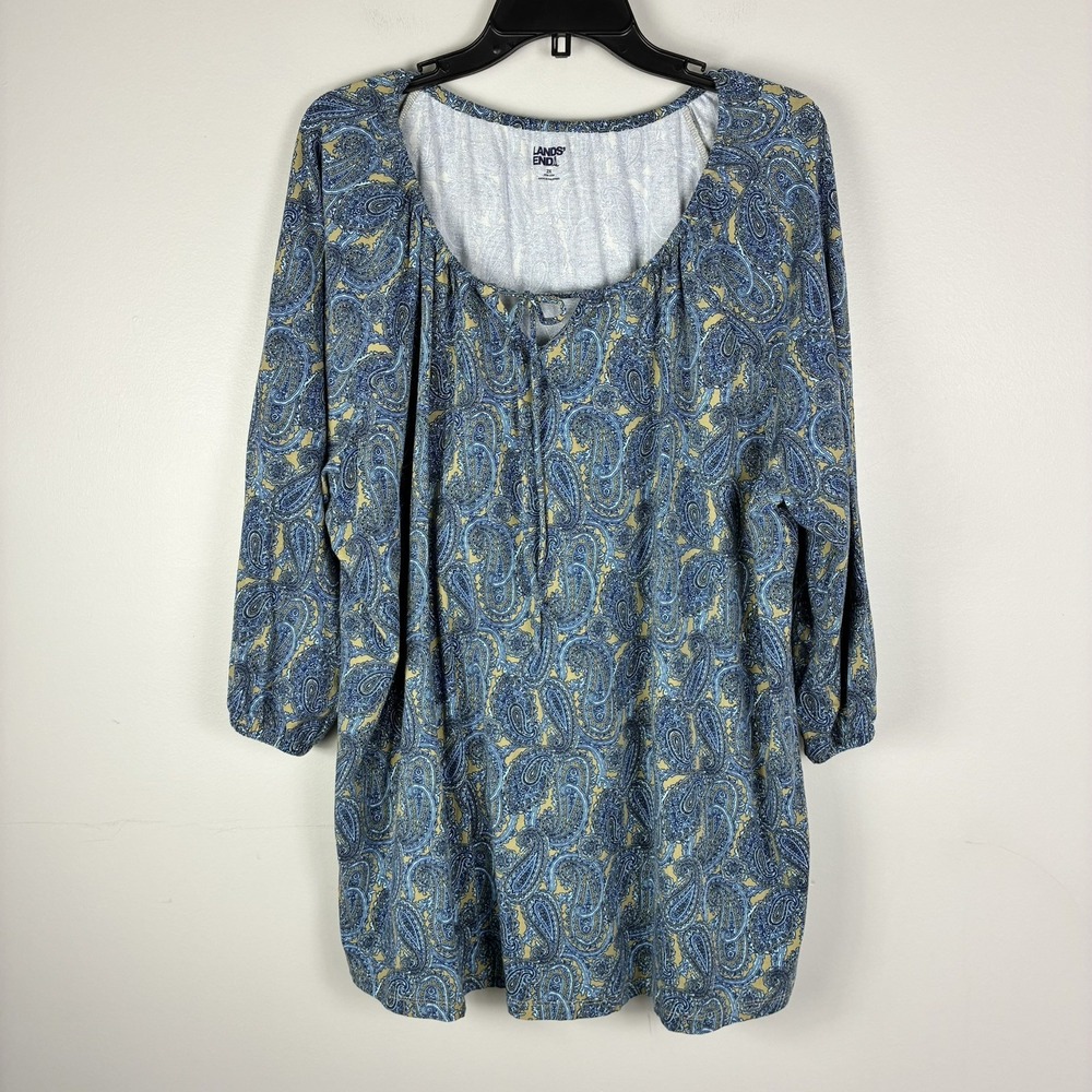 Land's End Top Women's 2X Paisley Blue Long Sleeve Casual Stretch Mature